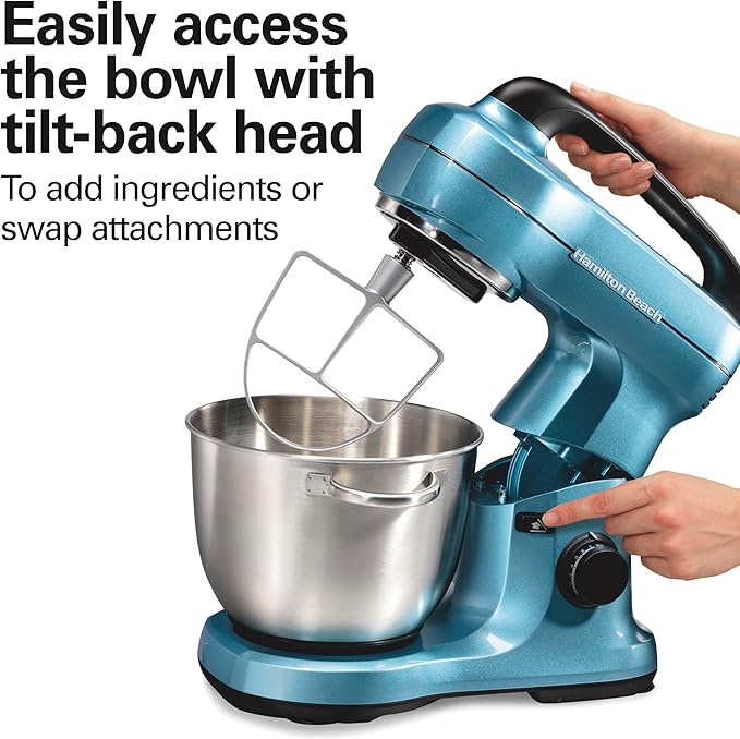 Hamilton Beach Electric Stand Mixer, 4 Quarts, Dough Hook, Flat Beater Attachments, Splash Guard, 7 Speeds with Whisk, Easy-Carry Top Handle, Blue