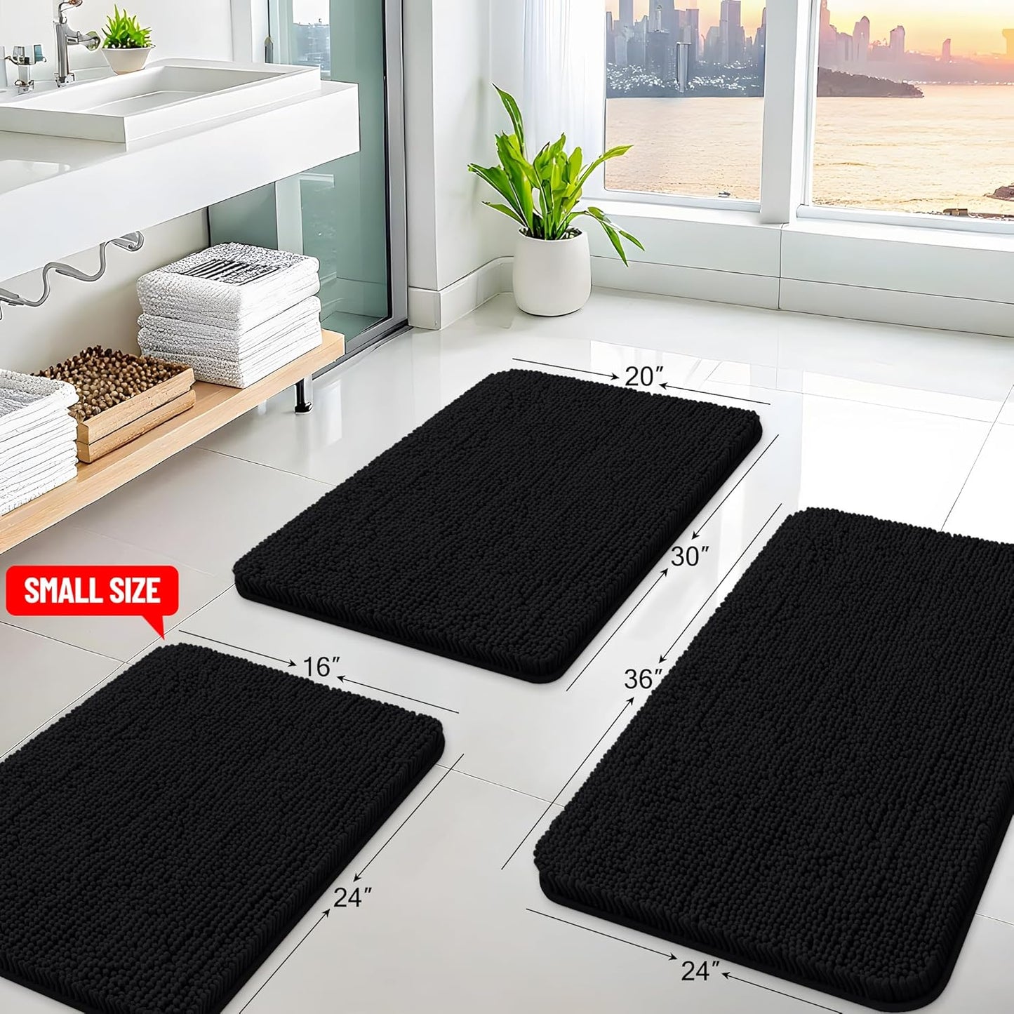 Arotive Bathroom Rugs 47x24, Extra Soft Absorbent Shaggy Chenille Bath Rugs, Machine Washable Rubber Backing Non-Slip Bath Mats for Bathroom Floor Tub and Shower, Home Decor Accessories, Black