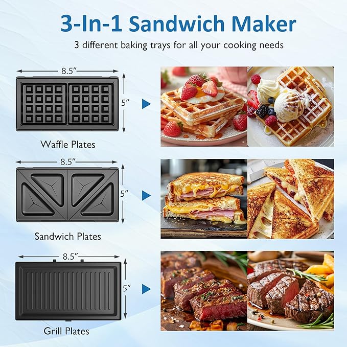 Sandwich Maker Panini Press Grill, 3 in 1 Electric Waffle Maker with Removable Non-stick Plates, Glass Top, Cool Touch Handle & Easy to Clean, 1000W