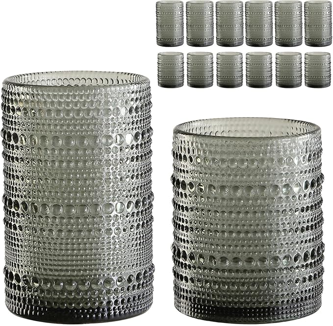 ZMOWIPDL Vintage Glassware Drinking Glasses Set of 12,Grey 12oz & 15oz Hobnail Glass Cups,Embossed Water Tumbler,for Beer,Cocktail,Whiskey,Juice and Various Mixed Drinks- 1 Cleaning Brush