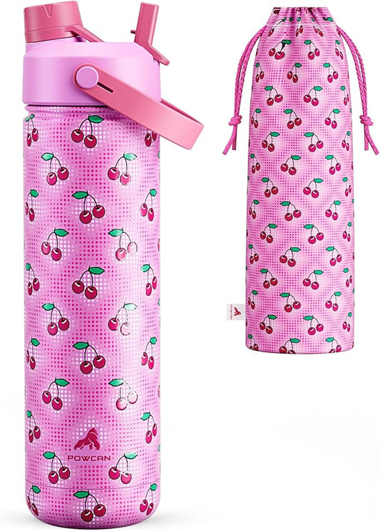 POWCAN 26 oz Insulated Water Bottle with 2-in-1 Straw and Spout Lid, Keep Cold 24H, Leak-Proof, Fits in Car Cup Holder, Stainless Steel Water Bottle for Sports, Travel, Gift and School (Cherry Pop)