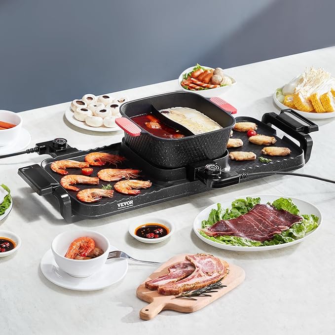 VEVOR Hot Pot with Grill, 2300W 2-in-1 Electric Smokeless Grill and Hot Pot, Removable Shabu-shabu Hotpot with Non-stick Pan, Separate Dual Temperature Control, Indoor Korean BBQ for 1-6 People