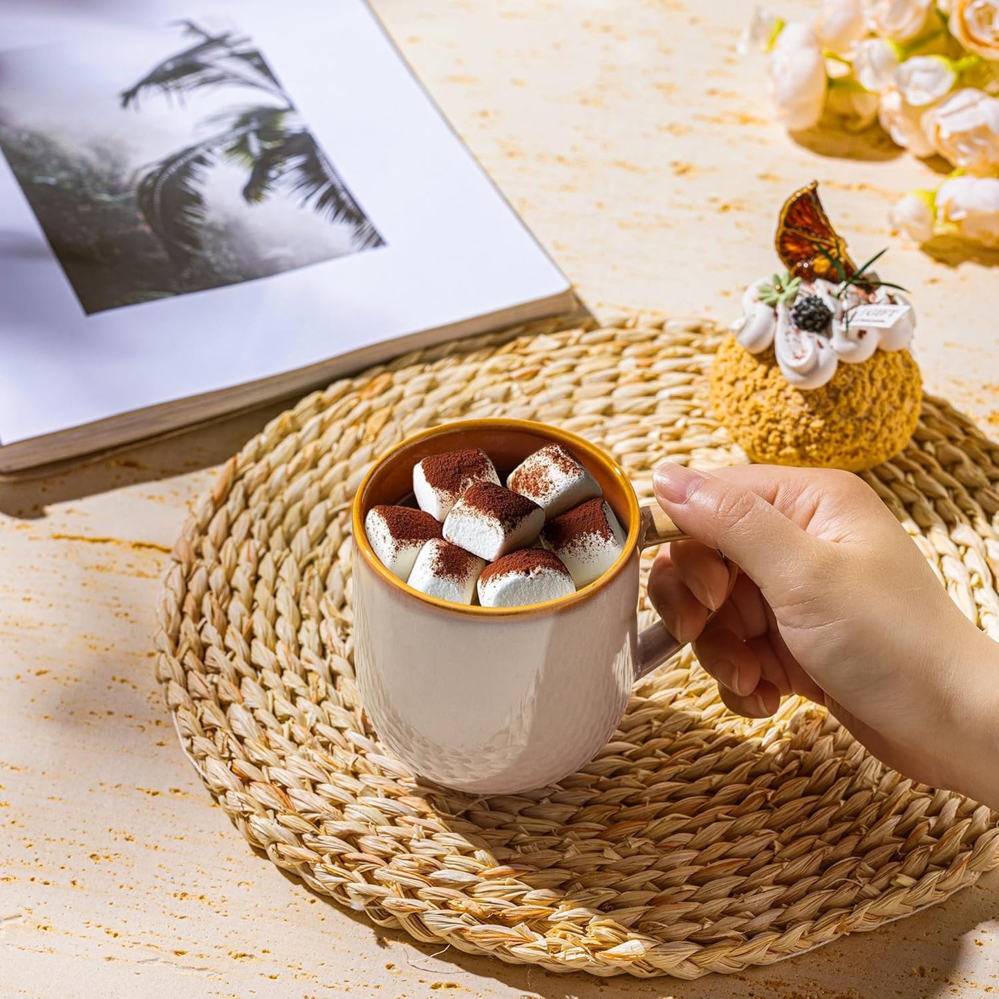 LERATIO 12OZ Ceramic Coffee Mugs Set of 6, Large Porcelain Coffee Cups With Large Handle For Latte,Cappuccino,Milk,Cocoa,|Dishwasher&Microwave Safe Mug Sets,Ideal for Man,Woman,Dad, Mom-Kahki