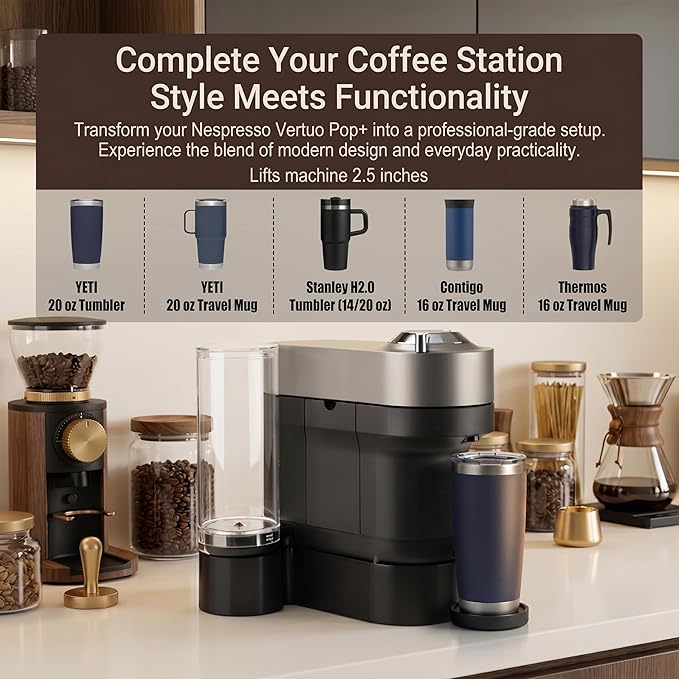 Riser Stand for Nespresso Vertuo Pop+, 2.5inch Height Elevation Stand, 3D Printed Coffee Machine Base, Compatible with Standard and Deluxe Models, Fits YETI 20 oz & Contigo 16 oz Mugs (Black)