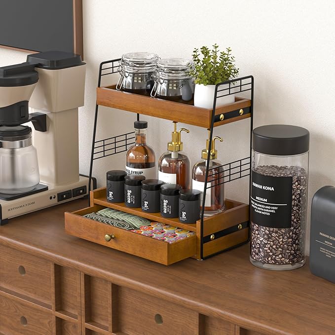 Coffee Bar Station Organizer with Built-In Drawer, 2-Tier Countertop Shelf for Tea Bags, Coffee Accessories, Syrup Bottles (Walnut)