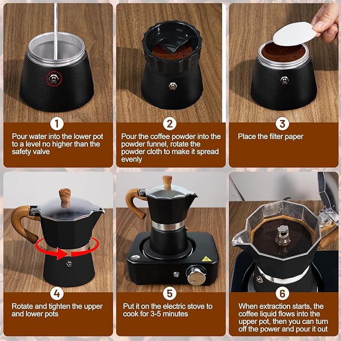 4-in-1 Moka Pot Espresso Set with Electric Stove 3 Cup Aluminum Stovetop Coffee Maker Percolator Italian Classic Mocha Coffee Machine with Powder Dispenser Filter Paper Portable Camping Black