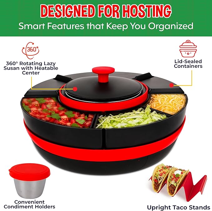 KEFF Taco Tuesday Kit - Taco Bar Serving Set for a Party, Lazy Susan Serving Dish 6 Sections, 4 Tacos Holder, Condiment Containers, Squeeze Bottles, Tongs, Recipes & Instructions - Tailgate Essentials