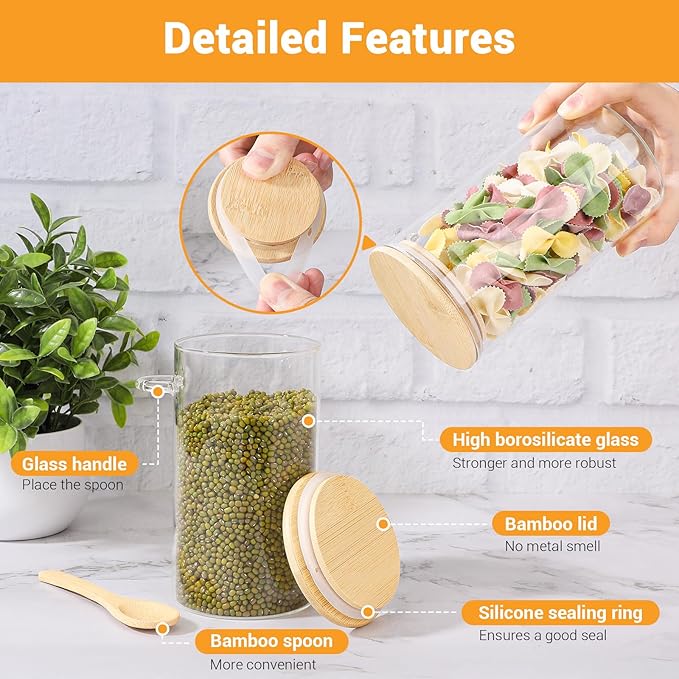 Glass Jars with Bamboo Lids and Spoon - 4 Pack 23 Fl.oz Glass Jars with Airtight Lids, Includes Labels and Marker, Pantry Canister for Cereal, Tea, Flour Sugar Coffee Containers