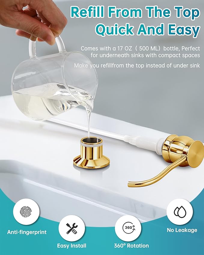 Brass Kitchen Soap Dispenser,Gold in Sink Liquid Dish Soap Dispenser, Under Sink Hand Metal Dispenser Pump, 47.2" Silicone Long Tube for 0.79 "- 1.38" Bottle Mouths