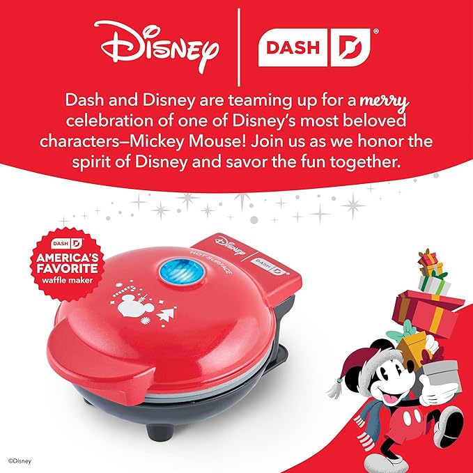 Disney Dash Mickey Mouse Santa Mini Waffle Maker - Electric Waffle Maker for Creative, Homemade Treats - Features Built-In Cord Wrap & Pre-Heating Indicator Light