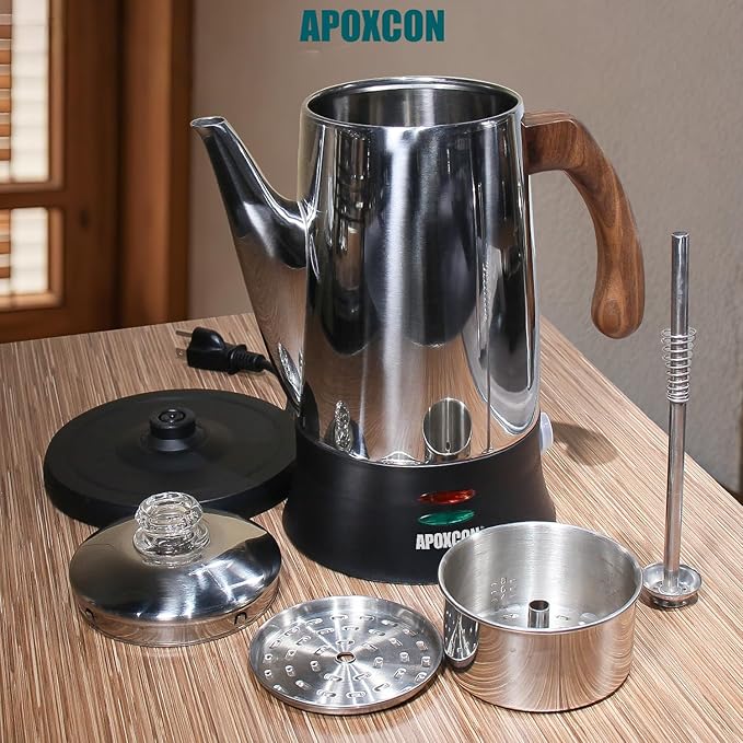APOXCON Electric Coffee Percolator Stainless Steel Coffee Maker with Two Heat Resistant Glass Knob & Treated Solid Wood Handle Keep Warm Cordless Serve Elegant Design Coffee Pot On/OFF Switch 8 Cup
