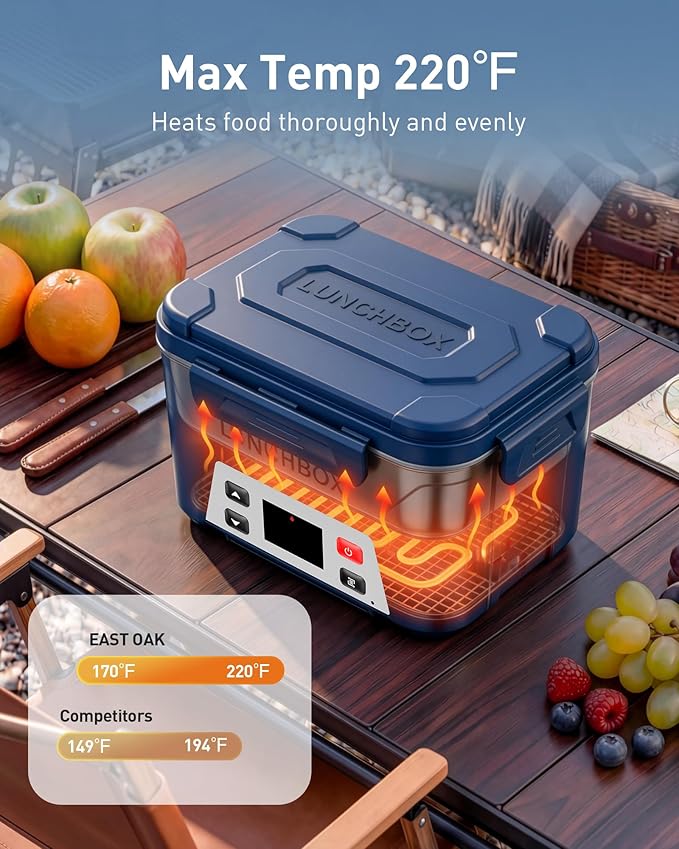 EAST OAK Heated Lunch Box for Men, 6.3 Cups Electric Lunch Box for Adults, 27000mAh Cordless Portable Food Warmer, Rechargeable Self Heating Food Heater with Memory Function & Automatic Keep Warm