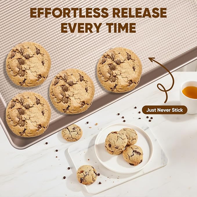 Sakerplus Nonstick Baking Sheet Pan Set of 3, Heavy Duty Cookie Sheets for Oven with Stripe Texture Pattern, 0.6mm Thick Quarter/Half/Jelly Roll Pans, Rust-Resistant & Easy Clean (Champagne Gold)