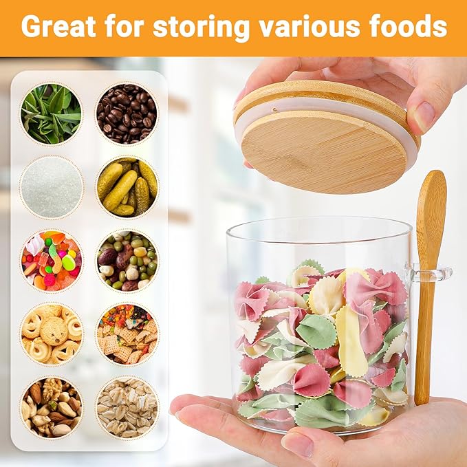Glass Jars with Bamboo Lids - 2 Pack 20 Fl.oz Round Glass Jar with Airtight Lid and Spoon, Kitchen Pantry Storage Canister for Overnight Oats, Spice, Coffee, Brown Sugar, Loose Tea, Candy