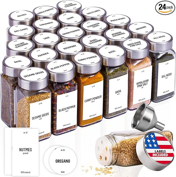 Deco haus Empty Glass Spice Jars with White Label 24x4oz [LABELS incl] Spice Containers with Labels, Shaker Lids & Funnel - Empty Herb Seasoning Containers, Small Seasoning Bottles for Herb