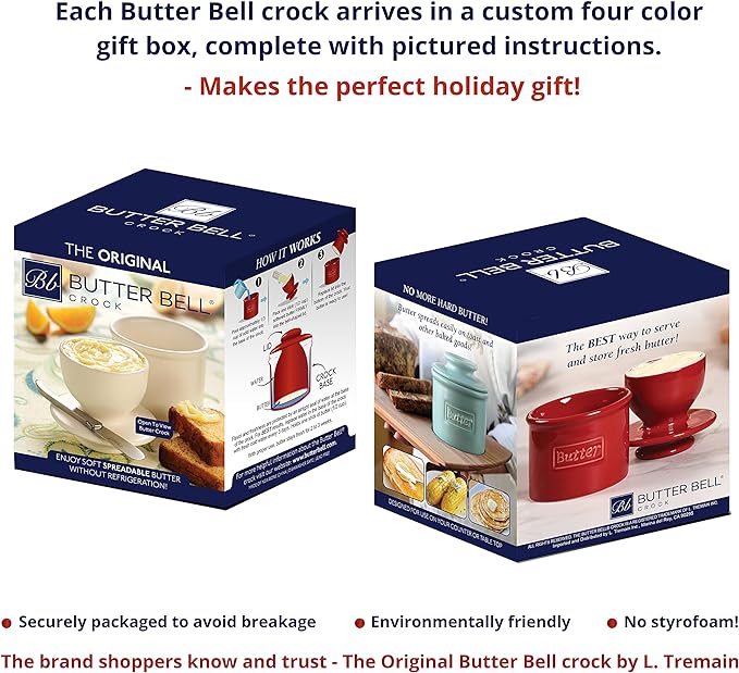 Butter Bell - The Original Butter Bell crock by L Tremain, a Countertop French Ceramic Butter Dish Keeper for Spreadable Butter, Antique Collection, White Linen