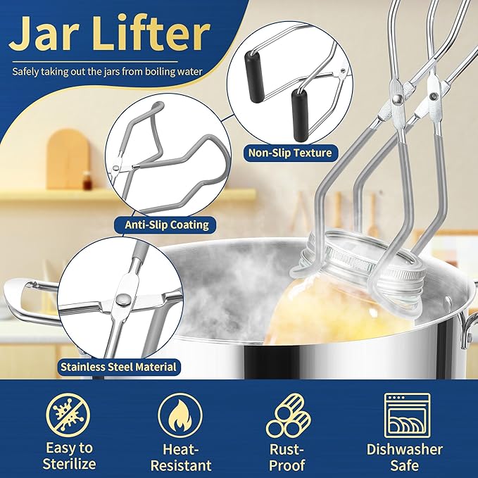 Canning Supplies Starter Kit,Canning Kit for Beginners of 9 with Jar Lifter，Wide Mouth Funnel,Wrench,Tongs,Lid Lifter,Bubble Popper,Canning Labels,ladle,Measuring Spoon-Gray