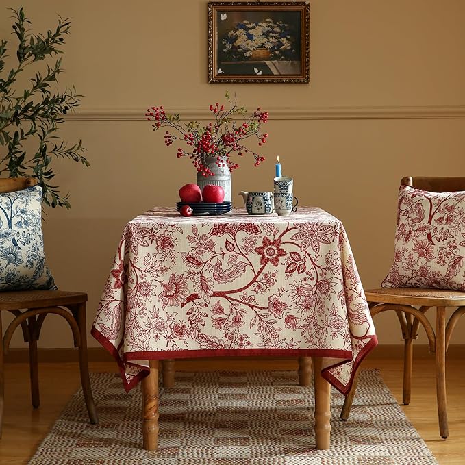 ISAENNE Designer French Linen Small Rectangular Tablecloth,Red Floral Washable Indoor Table Cloth,Durable Home Decor Tablecloths for Dining Thanksgiving Kitchen Party Christmas,55"*71"-Ruyi A
