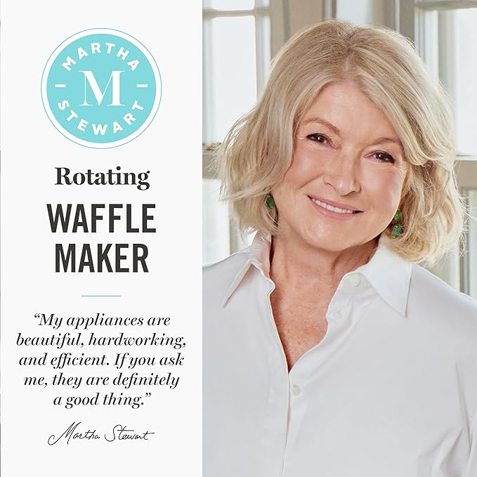 Martha Stewart Rotating Waffle Maker, 180° Flip Iron with PFAS-Free Nonstick Plates, Adjustable Timer, Ready Light, Drip Tray, Space Saving, Classic Round 7”, Easy to Clean, Stainless Steel, Linen