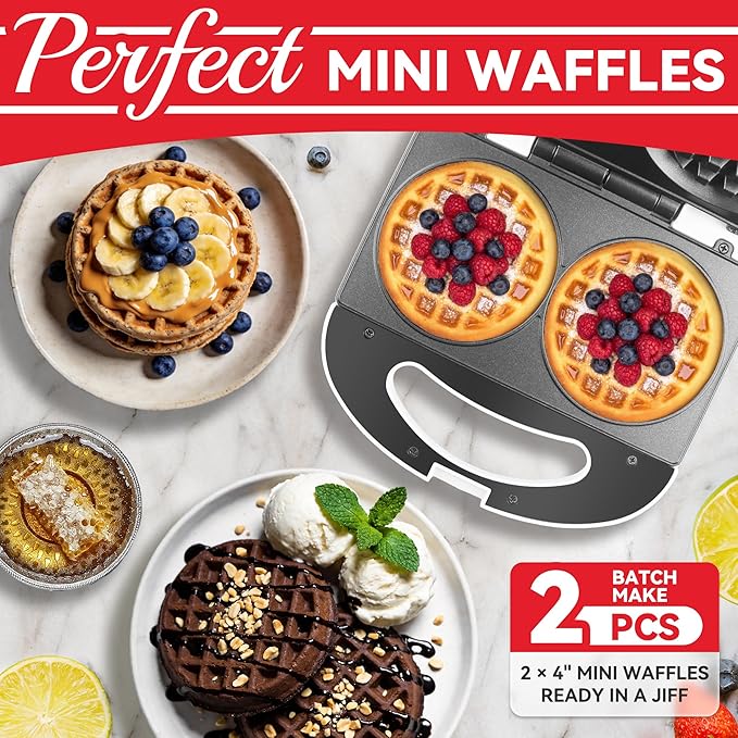 SugarWhisk Double Mini Waffle Maker Machine, Chaffle Maker, Waflera Electrica, Small Waffle Iron for Waffles, Keto Chaffles, Hash Browns, Cookies, 4 Inch