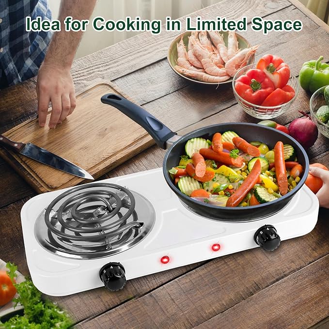 Double Burner Cooktop, 2000W Portable Electric Stove, 5 Level Temperature Control, Easy to Clean, Power Indicator Lights, Coil Hot Plate for Home Dorm Camping Cooking