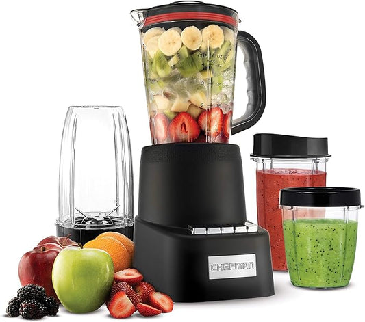 Chefman Countertop + Travel Dynamic Blending System, 12-Piece Set, 3 Programmed Speeds & Pulse, Easy Ice Crushing for Shakes & Smoothies, Dishwasher-Safe 32-Oz Pitcher, 12Oz & 2 24Oz Tumblers, Black