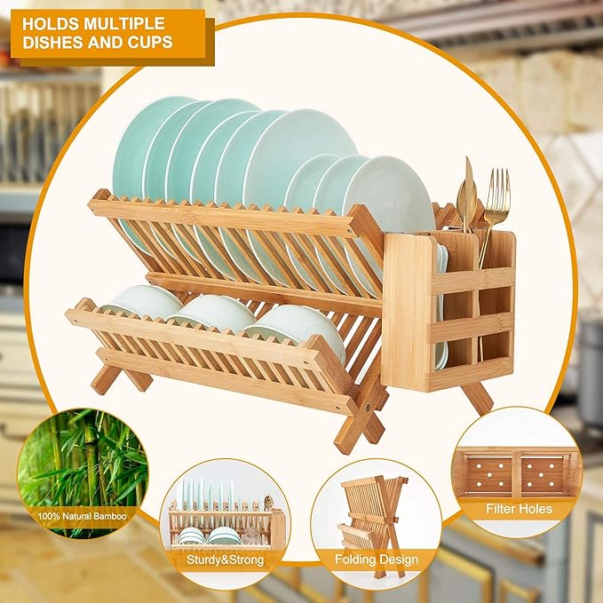 Bamboo Dish Drying Rack, 2 Tier Collapsible Dish Rack with Utensil Holder, Wooden Dish Drying Rack for Kitchen Counter, Large Folding Drying Holder, Dish Drainer 34 pcs Grid
