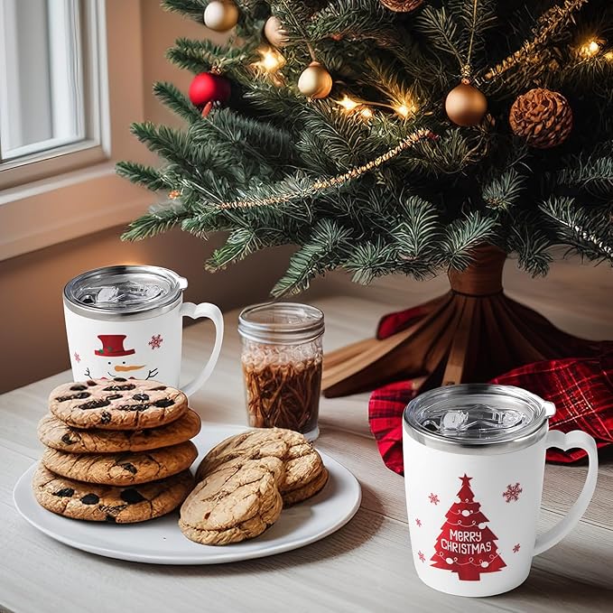 6 Pcs Christmas Coffee Mugs Cups 16 Oz Merry Christmas Stainless Steel Insulated Tumblers Set with Handle Lid Straw Brushes Xmas Red White Snowman Hohoho Mugs Gifts for Winter Holiday Party