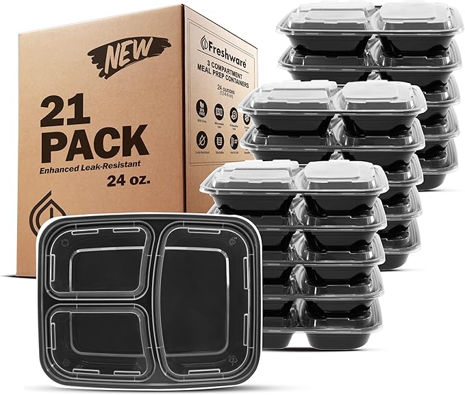 Freshware Meal Prep Containers [21 Pack] 3 Compartment with Lids, Food Storage Containers, Bento Box, Stackable, Microwave/Dishwasher/Freezer Safe (24 oz)