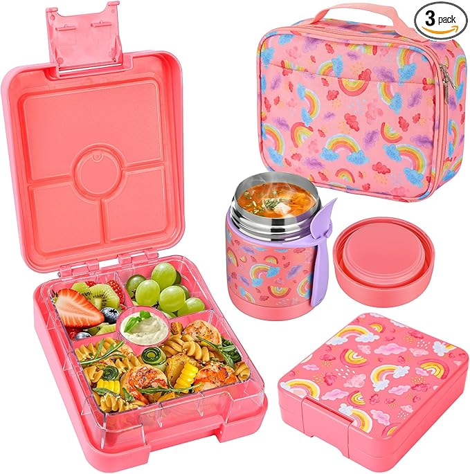 Pawtong Bento Lunch Box Set With 10oz Soup Thermo, Leak-proof Lunch Containers with 4 Compartment, Kids Hot Thermo Food Jar/Insulation Lunch Bag, Food Containers for School（Rainbow）