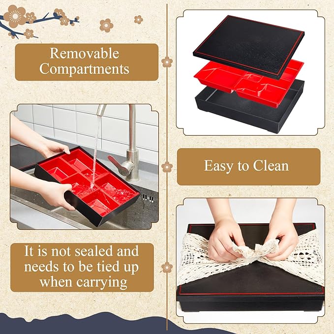 Teenyyou 2 Pcs 10.6 x 8.3 x 2.2 Inch Japanese Bento Box 6 Compartments Divided Lunch Box with Greaseproof Adult Japanese Bento Lunch Container Sushi Home Restaurant