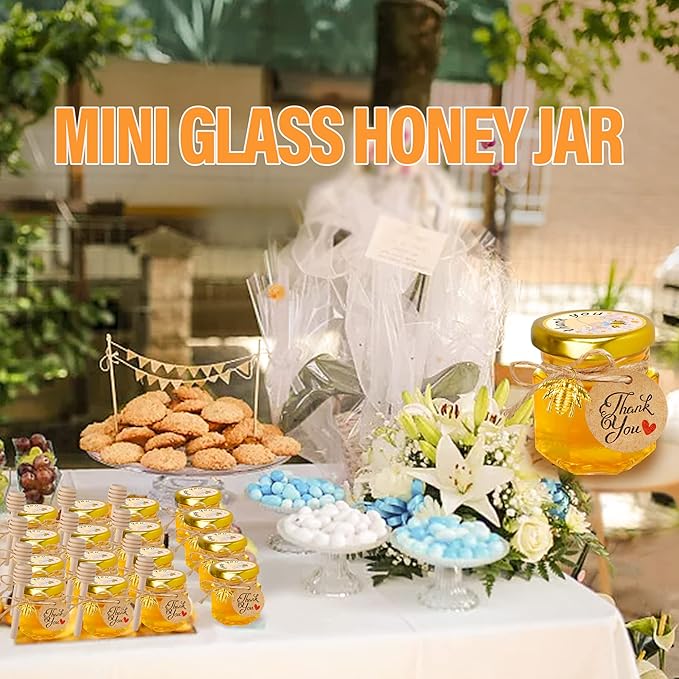 GIVAMEIHF Mini Glass Honey jars-1.5 oz,60pcs Hexagon Honey Jars with Wood Dipper,Stickers,Bee Pendants,Tags,Rope,Small Honey Jars with Lids,Perfect for Wedding Favors,Jams,Baby Shower,Party Favors