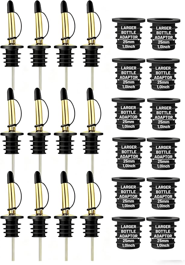 12-Pack Liquor Bottle Pourers with Adapters, Liquor Pour Spout Adapters set for for Large Olive Oil Bottles and Liquor Bottles - Up to 1 Inch/25mm Neck Converts Any Spout into a Large Pour Spout,Gold