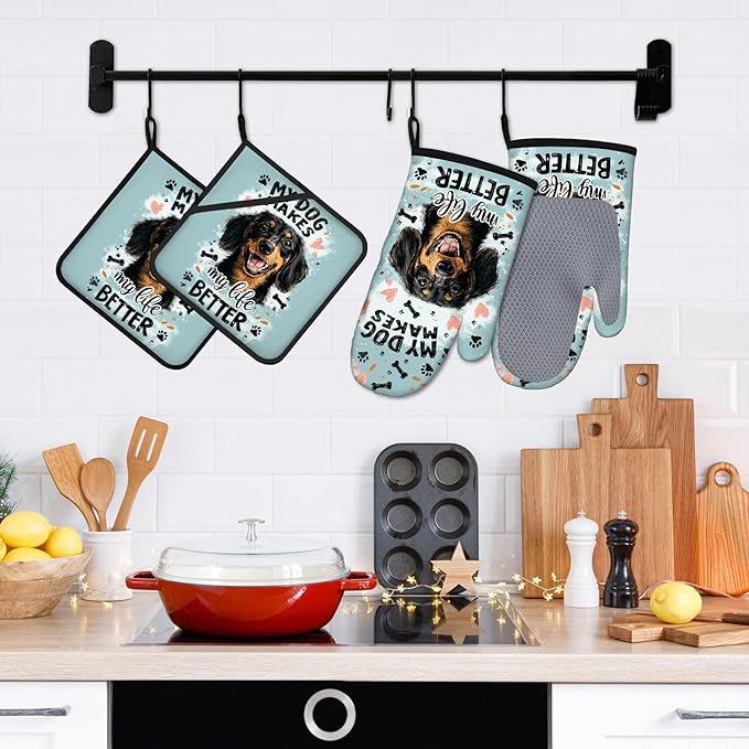 Life is Better with Dogs Oven Mitts and Pot Holders Sets 4Pcs Silicone Non-Slip Mitts Heat Resistant Gloves Hot Pads for Kitchen Cooking Baking Grilling BBQ