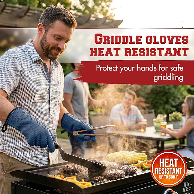 KITCHEN PERFECTION XL Silicone Oven & Griddle Gloves -Extreme Heat Resistant BBQ & Grilling Gloves -Handle Hot Food Right on Your Griddle |Waterproof Oven Mitts Grill Gloves |Superior Set+3 Bonuses