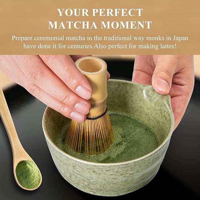 Matcha Whisk Set, Matcha Making Kit Whisk (Chasen Holder), Ceramic Whisk Holder (Light Green), Bamboo Scoop, Powder Starter Sifter, Spoon Japanese Tea Tools For Ceremony Gift