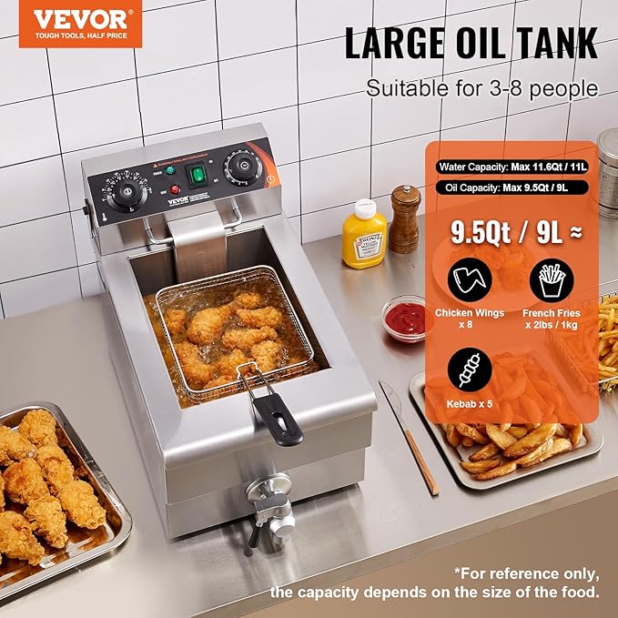 VEVOR Commercial Deep Fryer, 1500W Electric Countertop Fryer with Basket, 11.6Qt / 11L Stainless Steel Single Oil Fryer with Time & Temp Control, Overheat Protection, for Kitchen Restaurant Use
