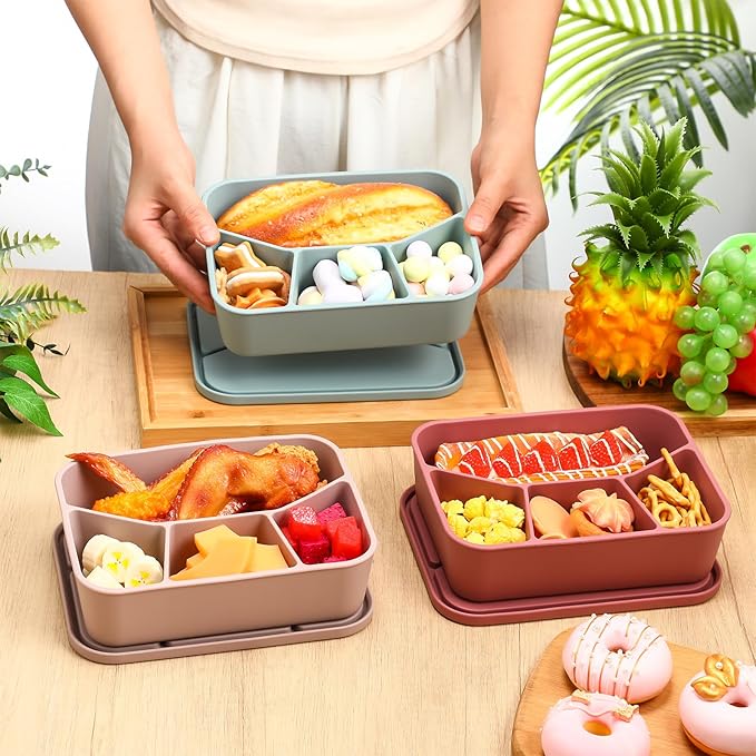 Honeydak 6 Pcs Silicone Bento Box Reusable Lunch Container 4 Compartment Snack Boxes with Lid Smooth LeakProof Rectangle Food Boxes for Adult Work Travel Food Storage(Classic Color)