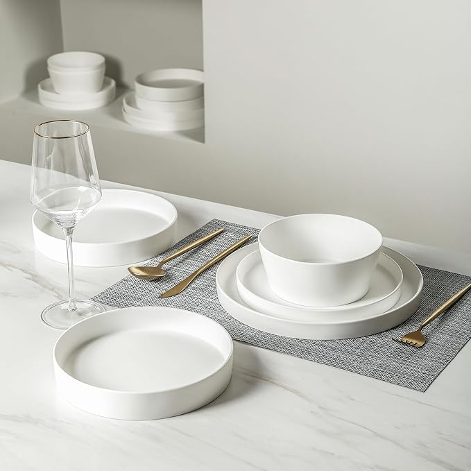 Stone Lain Fosca 32-Piece Dinnerware Set Bone China, Plates and Bowls Sets, Pasta Bowls, Dish Set for 8, Matte White