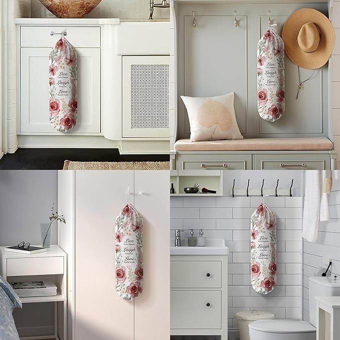 Hglian Plastic Bag Holder, Inspirational Farmhouse Grocery Bag Organizer Storage Dispenser Container for Shopping Trash Bags,Cute Flowers Kitchen Décor Gifts for Women Mom Friend Grandma Pink