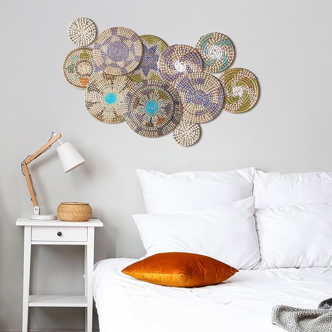 Tatuo 11 Pcs Boho Wall Basket Decor Bulrush Woven Wall Hanging Art Round Farmhouse Rustic Handmade Wicker for Summer Home, Bedroom, Living Room, Kitchen Decorations, Multi Sizes(Multicolour)