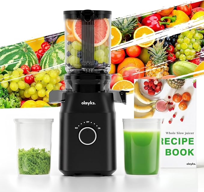 Juicer Machines, Cold Press Juicer with 4.3" Large Feed Chute Fit Whole Fruit and Vegetable, Masticating Machine with Juice Recipe, Self Feeding Effortless for Batch Juicing,Easy to Clean,Black