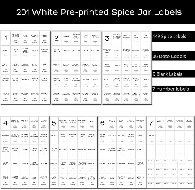 201 Spice Jar Labels - Preprinted Minimalist Waterproof Stickers for Kitchen Jars, Herb & Seasoning Labels for Pantry Organization