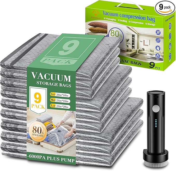 Vacuum Seal Bags for Clothing with Wireless Electric Pump - Travel & Home Use, 9 Pack Ideal Space Saver Vacuum Storage Bags, Travel Vacuum Bags for Luggage