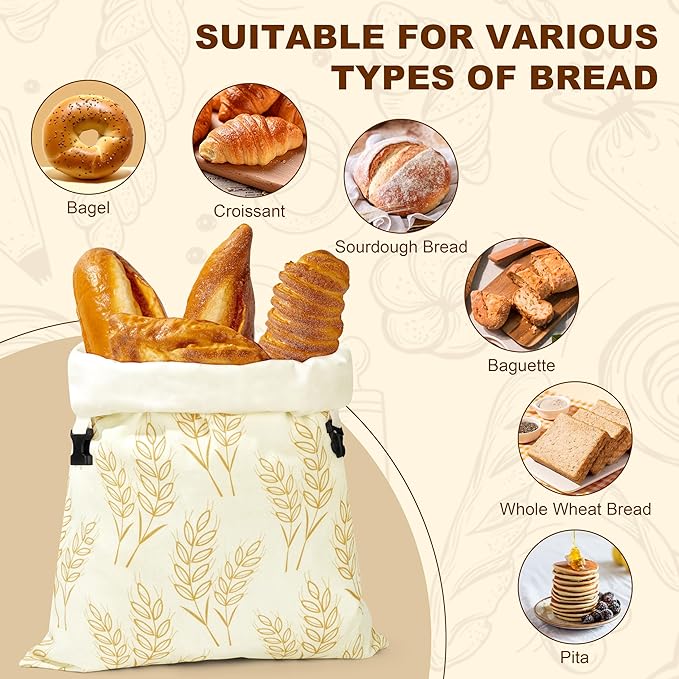 BuyCard Reusable Beeswax Food Storage Bags, Natural Cotton with Wheat Pattern, Large Size Zipper Bags for Homemade Bread Storage, 2 Pack