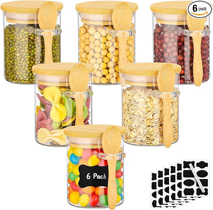 Glass Jars with Airtighr Lids - 6 Pack 6 Fl.oz Round Glass Jar with Bamboo Lid and Spoon, Includes Labels and Marker, Pantry Storage Containers for Spice, Overnight Oat, Sugar Coffee Canister