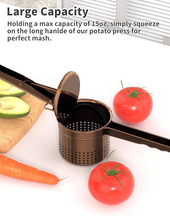 Livilord Large 15oz Potato Ricer, Heavy Duty Stainless Steel Ricer for Mashed Potatoes, Sweet Potato Masher Kitchen Tool with Ergonomic Handle, Press and Mash Kitchen Gadget, Bronze Color