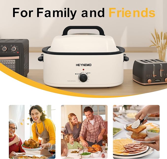 26QT Electric Roaster Oven, Electric Turkey Roaster with Viewing & Self-basting Lid, Stainless Steel Turkey Roaster Oven, White