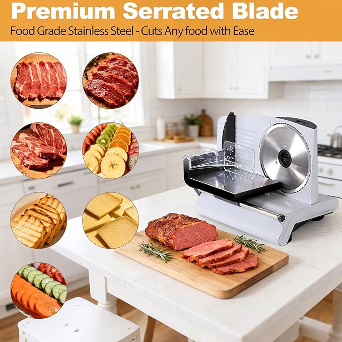 SUPER DEAL Premium Electric Food Meat Slicer - 7.5inch Stainless Steel Blade Home Kitchen Deli Meat Food Vegetable Cheese Cutter - Thickness Adjustable - Spacious Sliding Carriage - Easy to Clean