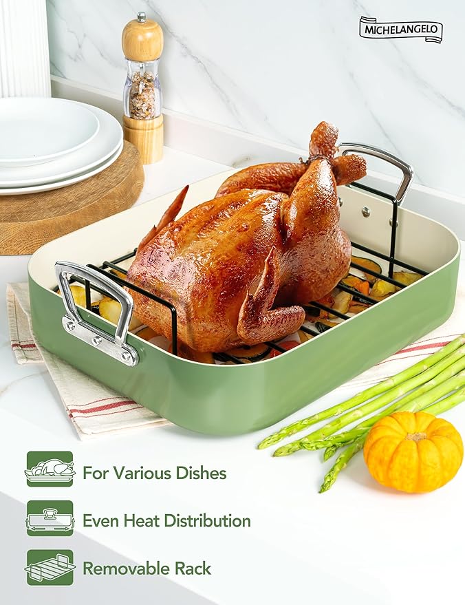 MICHELANGELO Nonstick Ceramic Roasting Pan with Rack, Turkey Roasting Pan with Ceramic Coating, Turkey Roaster Pan with Stainless Steel Rack, 15 Inch x 13 Inch - Green